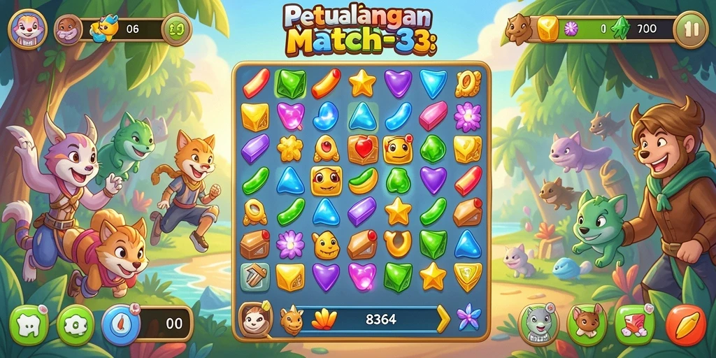 Screenshot gameplay Match-3 yang penuh warna di 8364.
