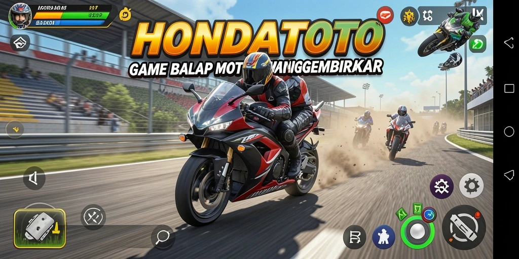 Tangkapan layar HONDATOTO menampilkan balapan motor yang intens di lintasan.