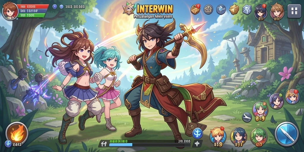 Tangkapan layar INTERWIN menampilkan karakter anime dalam pertempuran epik.