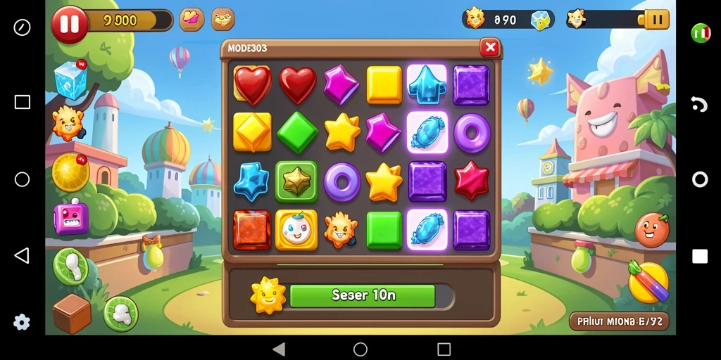 Screenshot gameplay MODE303 menampilkan aksi mencocokkan item warna-warni.